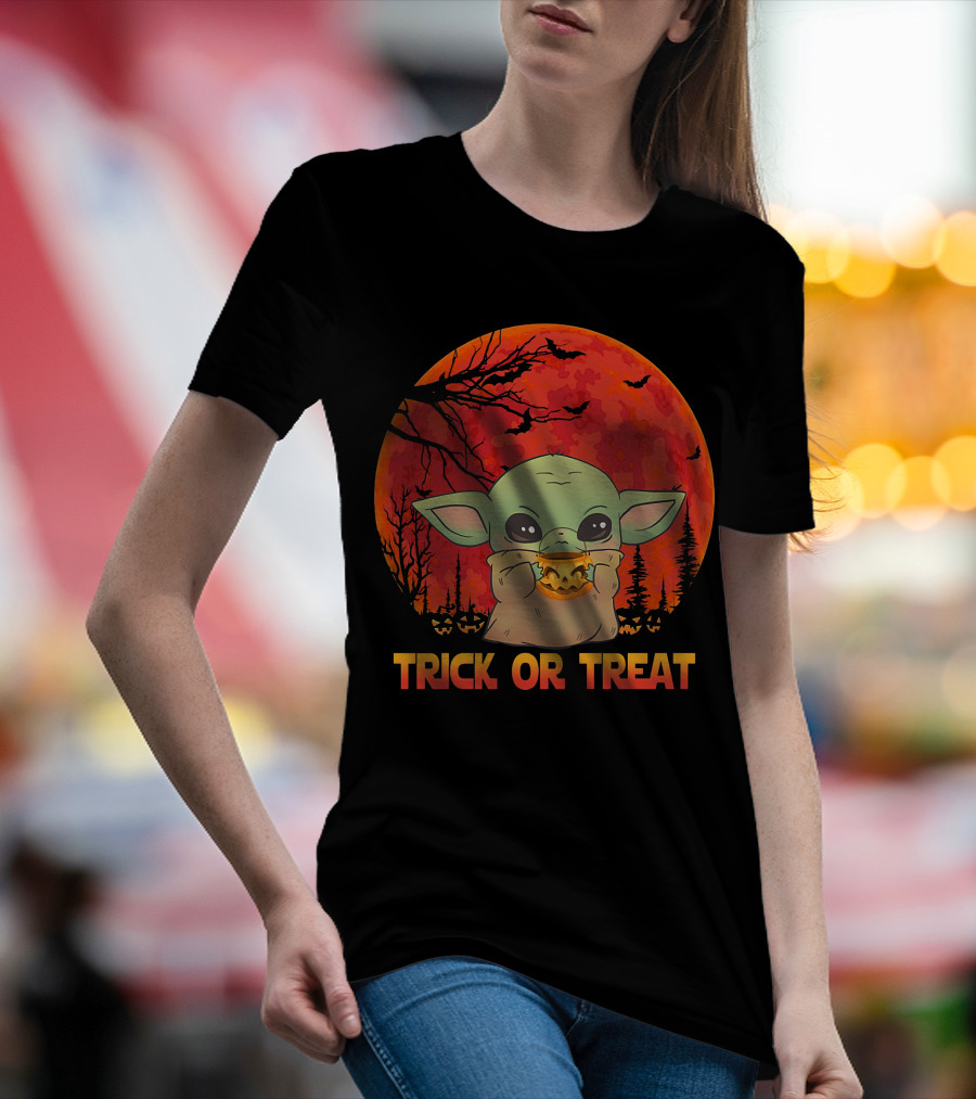 Halloween Baby Yoda Trick Or Treat Moon Pumpkin Forest T-Shirt