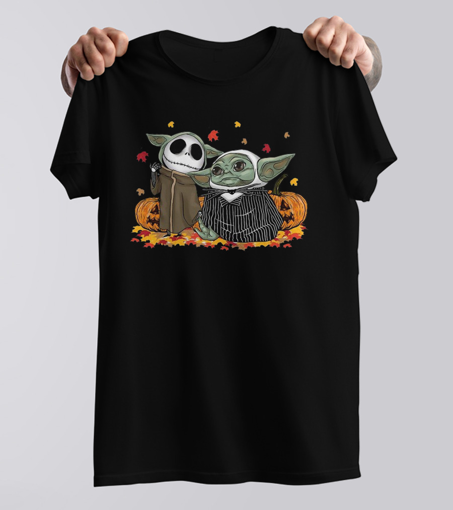 Jack Skellington And Baby Yoda Halloween Pumpkin Crossover T-Shirt