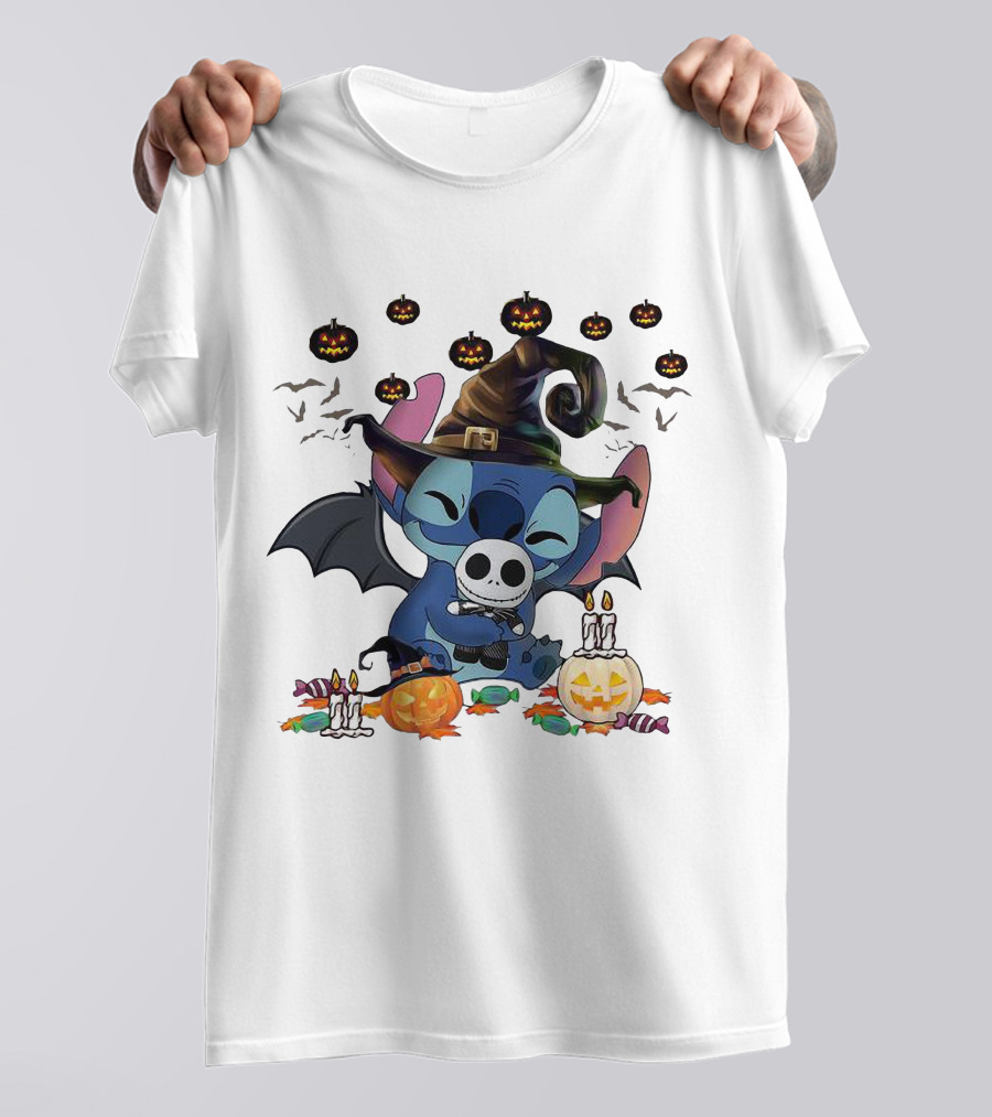 Halloween Stitch With Jack Skellington Mask And Bats T-Shirt