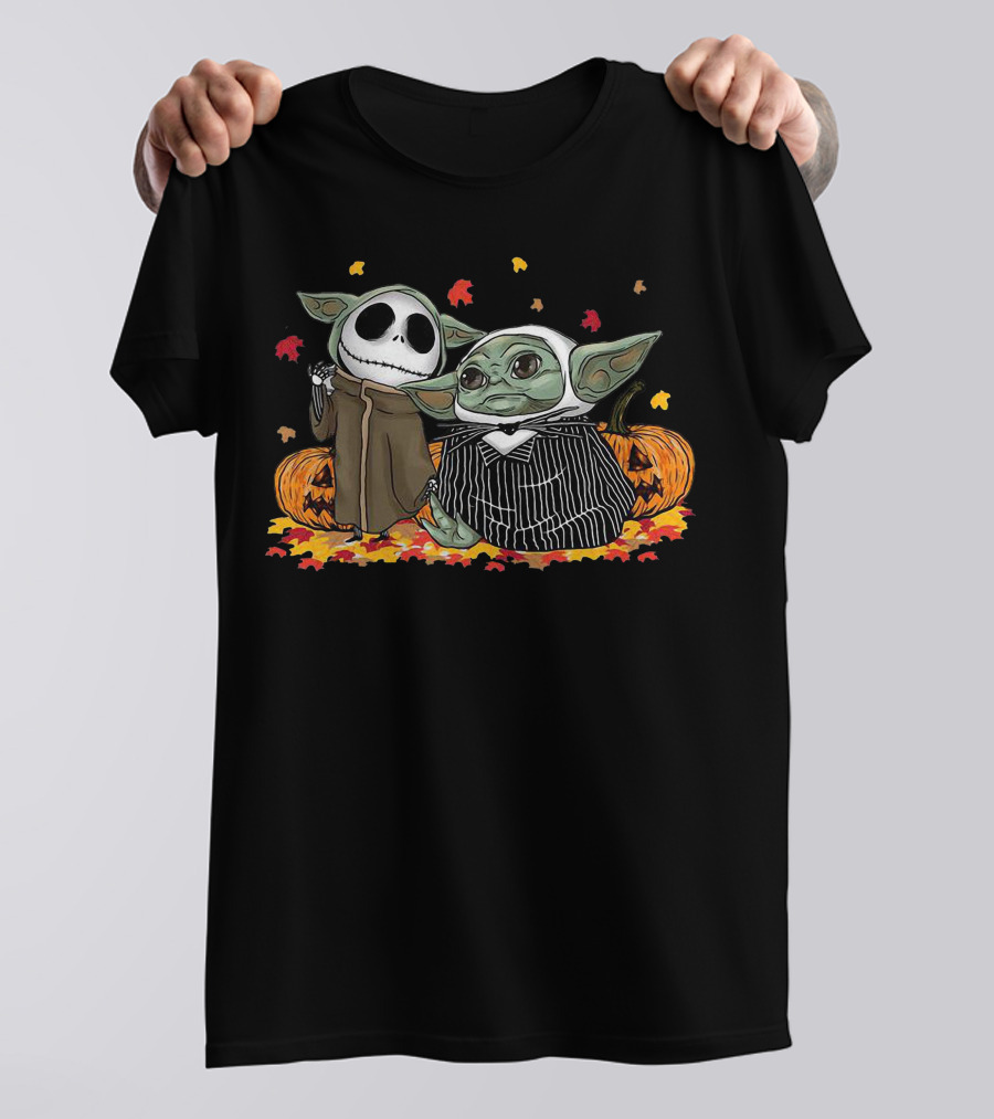 Pumpkin Halloween Baby Yoda Jack Skellington Autumn Leaves T-Shirt