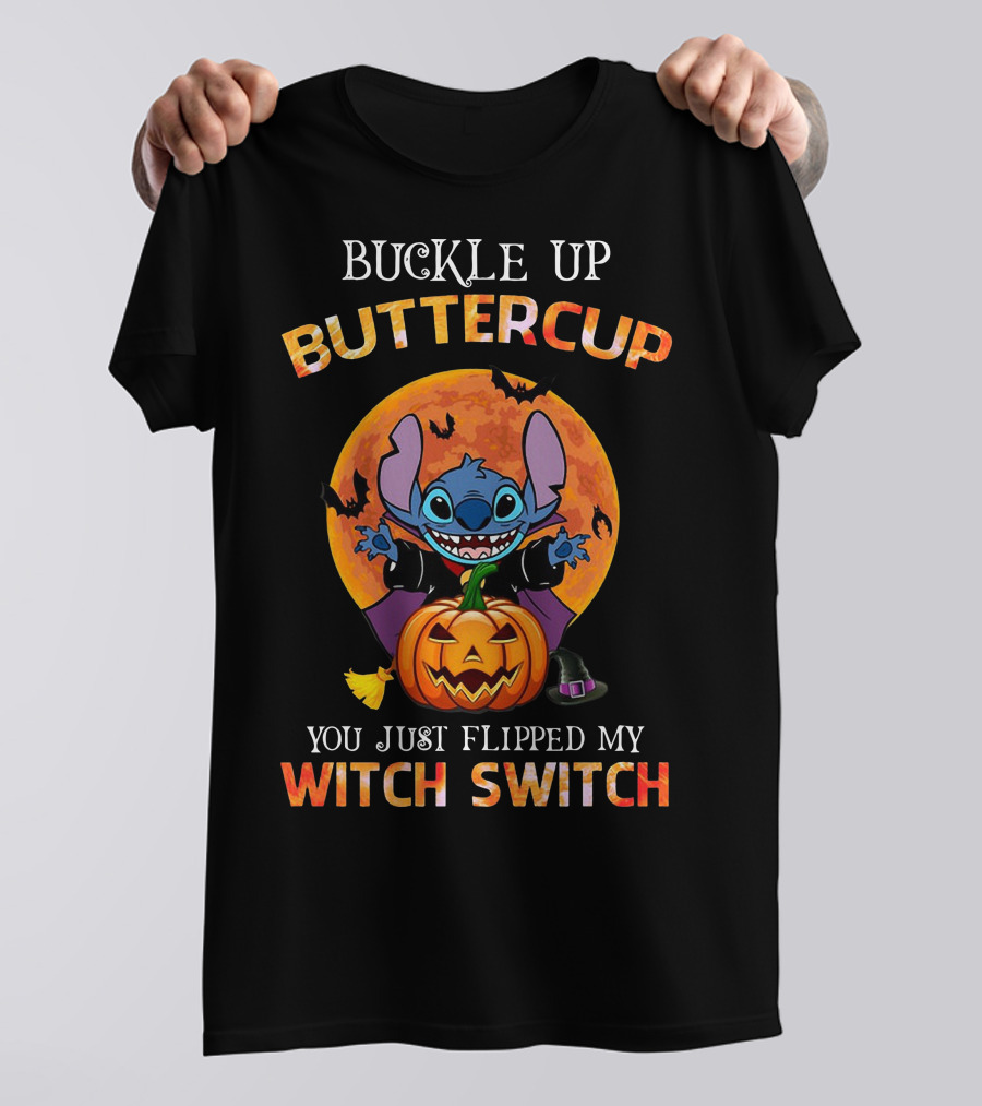Buckle Up Buttercup Halloween Stitch You Just Flipped My Witch Switch Pumpkin Moon Bats T-Shirt