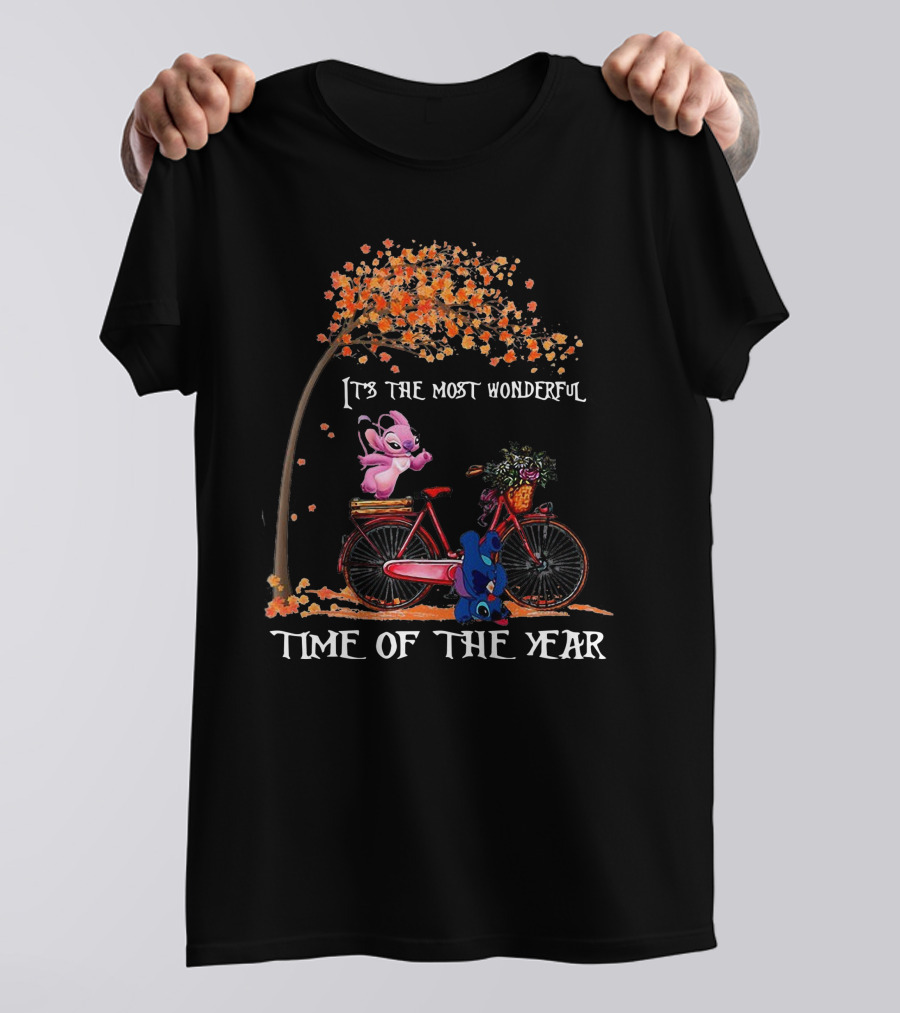 It's The Most Wonderful Time Of The Year Stitch On Bicycle With Fall Tree T-Shirt
