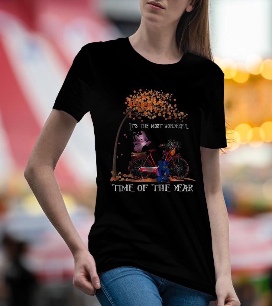It's The Most Wonderful Time Of The Year Stitch On Bicycle With Fall Tree T-Shirt