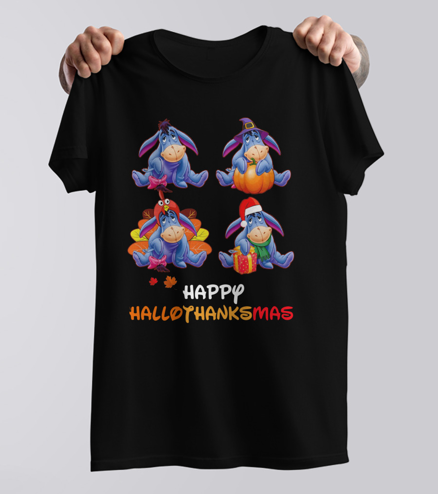 Eeyore Happy Hallothanksmas With Festive Seasonal Teal Accents T-Shirt