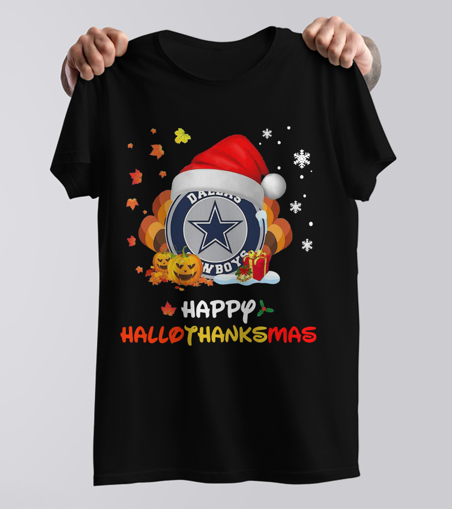 Happy Hallothanksmas Dallas Cowboys Pumpkin Santa Leaves Snowflakes T-Shirt