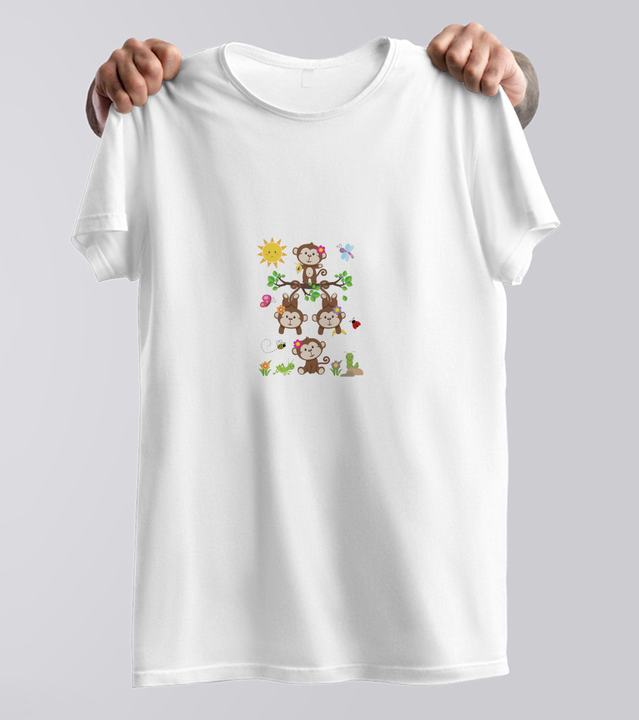 Madame Defarge Sun Smiling Monkeys And Flowers With Ladybug Butterfly Bee T-Shirt