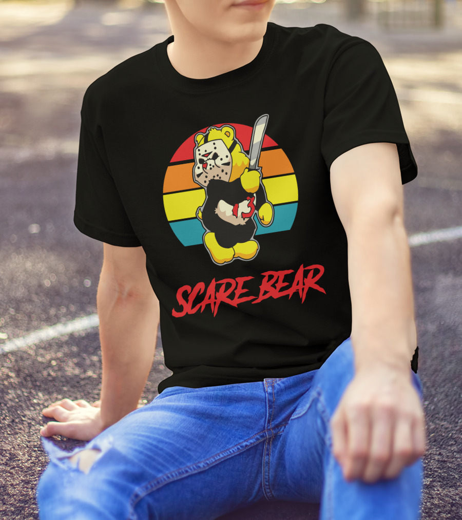 Scare Bear Slasher Retro Rainbow Bear With Mask And Knife T-Shirt