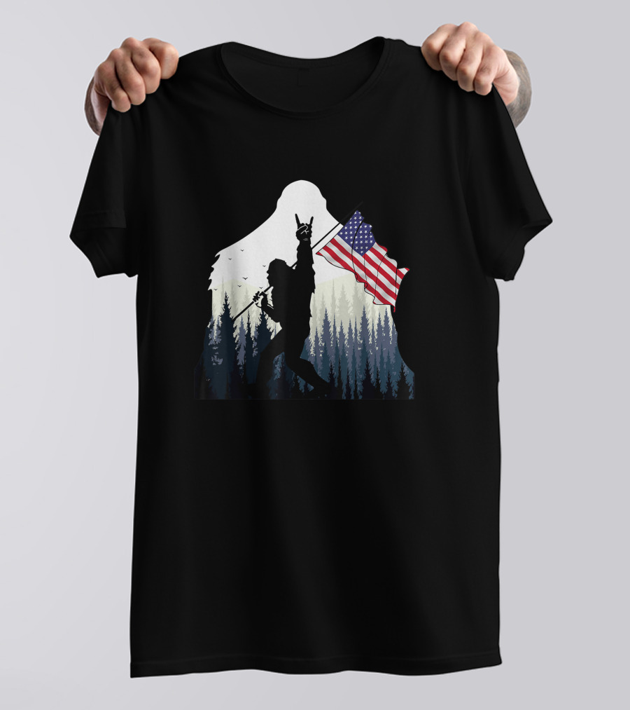 Bigfoot Silhouette With USA Flag And Rock And Roll Pose In Forest T-Shirt