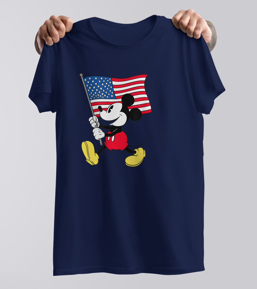 Mickey Mouse Holding American Flag Patriotic Disney T-Shirt