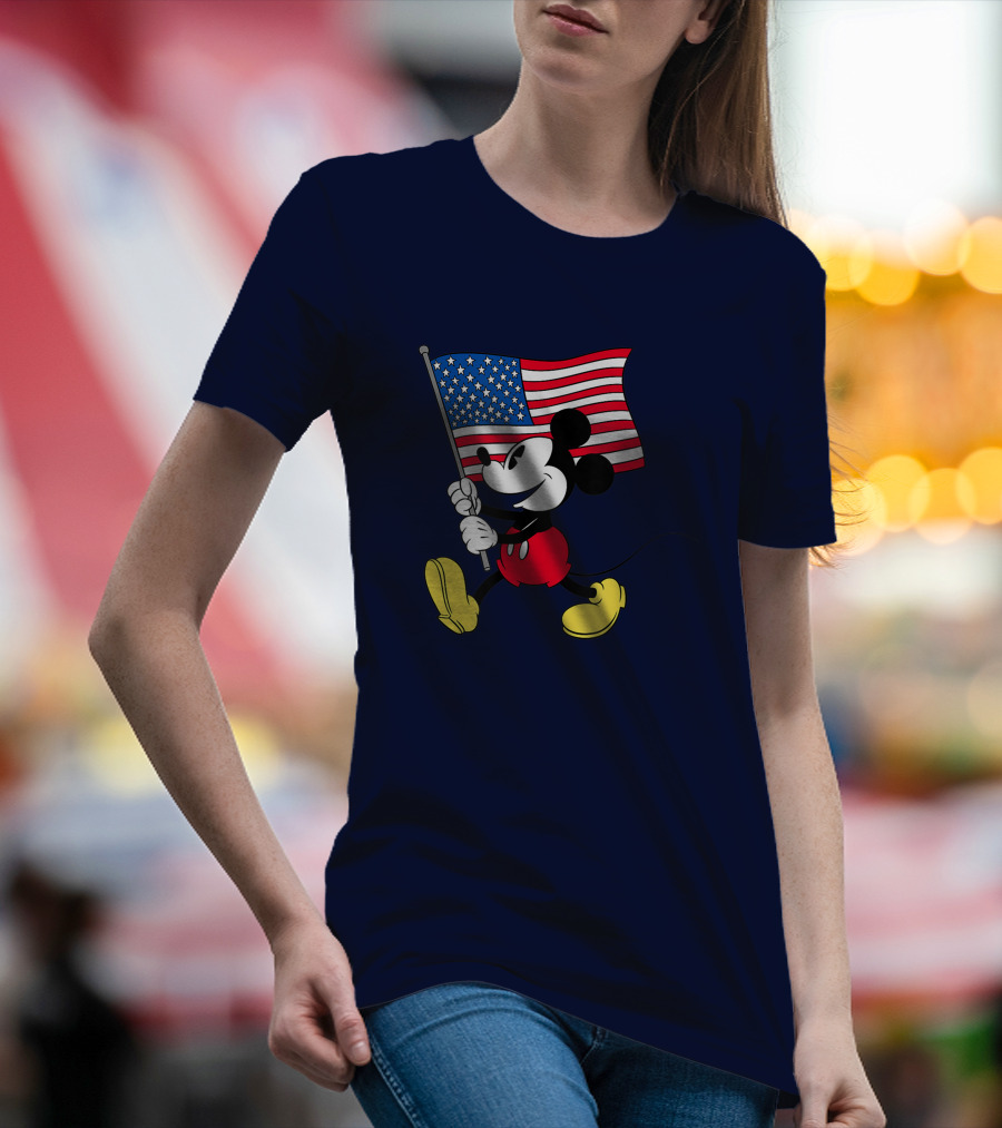 Mickey Mouse Holding American Flag Patriotic Disney T-Shirt