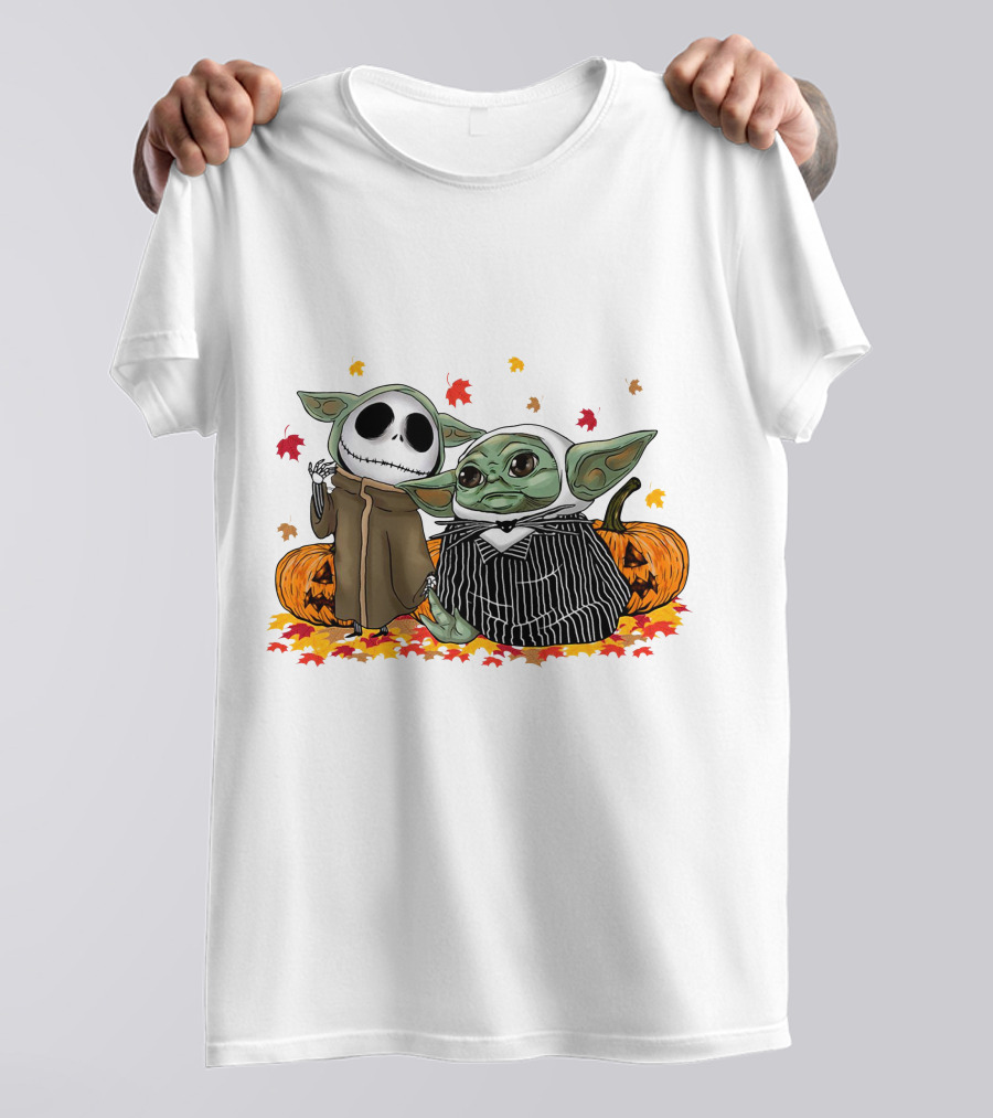Baby Yoda And Jack Skellington In Halloween Pumpkin Scene T-Shirt