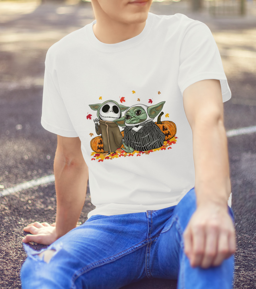 Baby Yoda And Jack Skellington In Halloween Pumpkin Scene T-Shirt