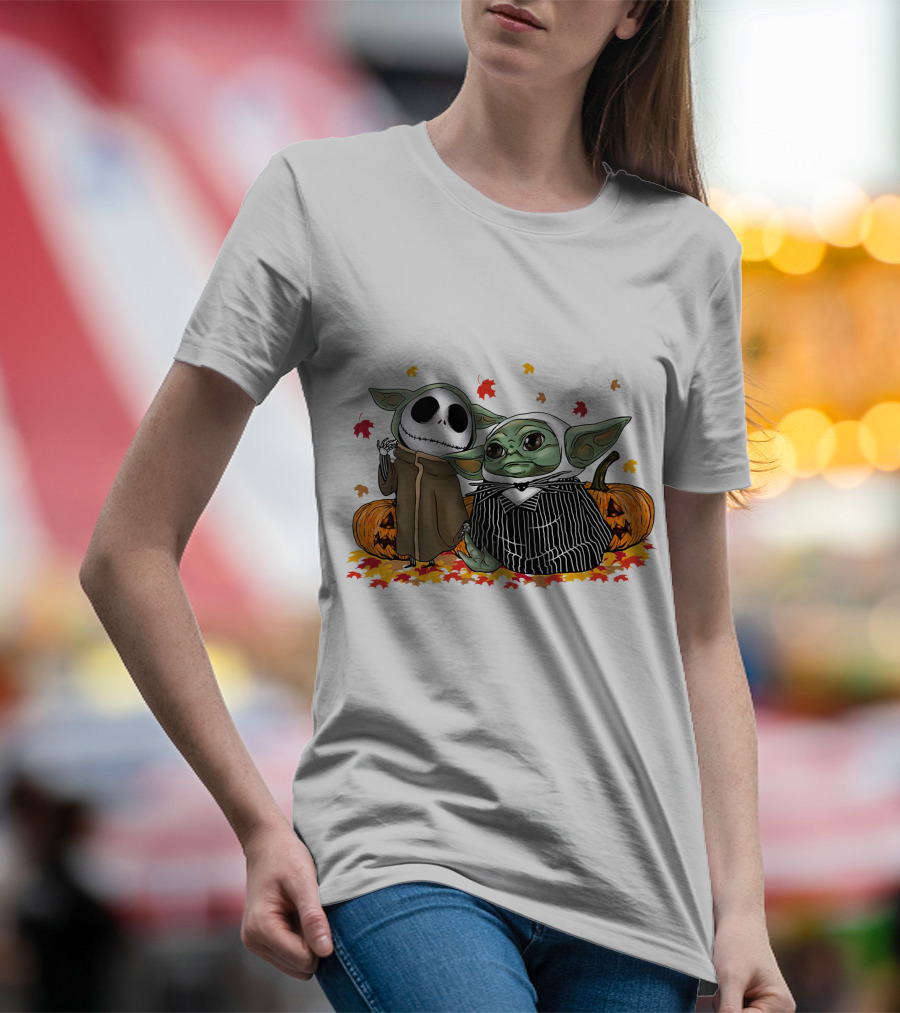 Baby Yoda And Jack Skellington In Halloween Pumpkin Scene T-Shirt