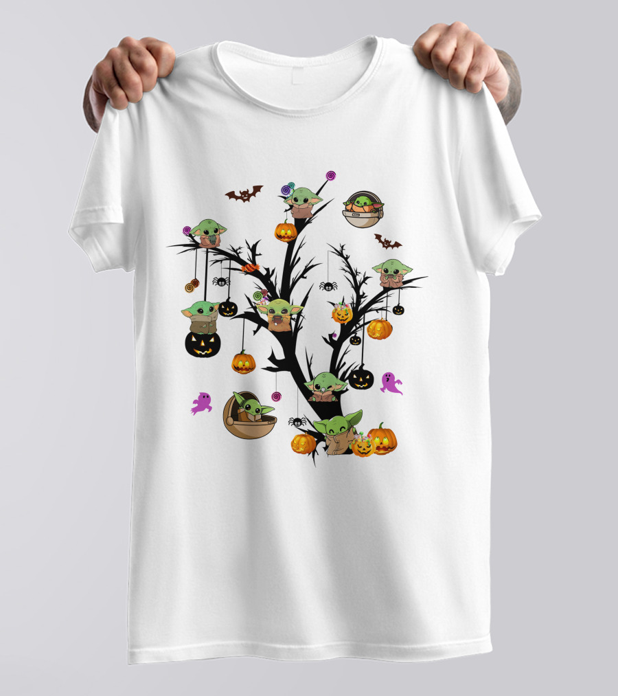 Spooky Halloween Baby Yoda Tree With Pumpkins And Bats T-Shirt
