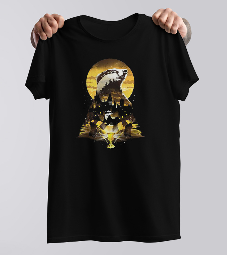Hufflepuff Badger Hogwarts Skyline With Cup And Scarf T-Shirt