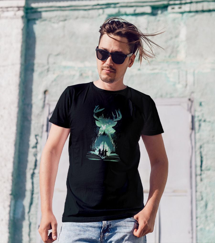 Witchcraft And Wizardry Magical Stag With Castle Silhouette And Book Portal T-Shirt