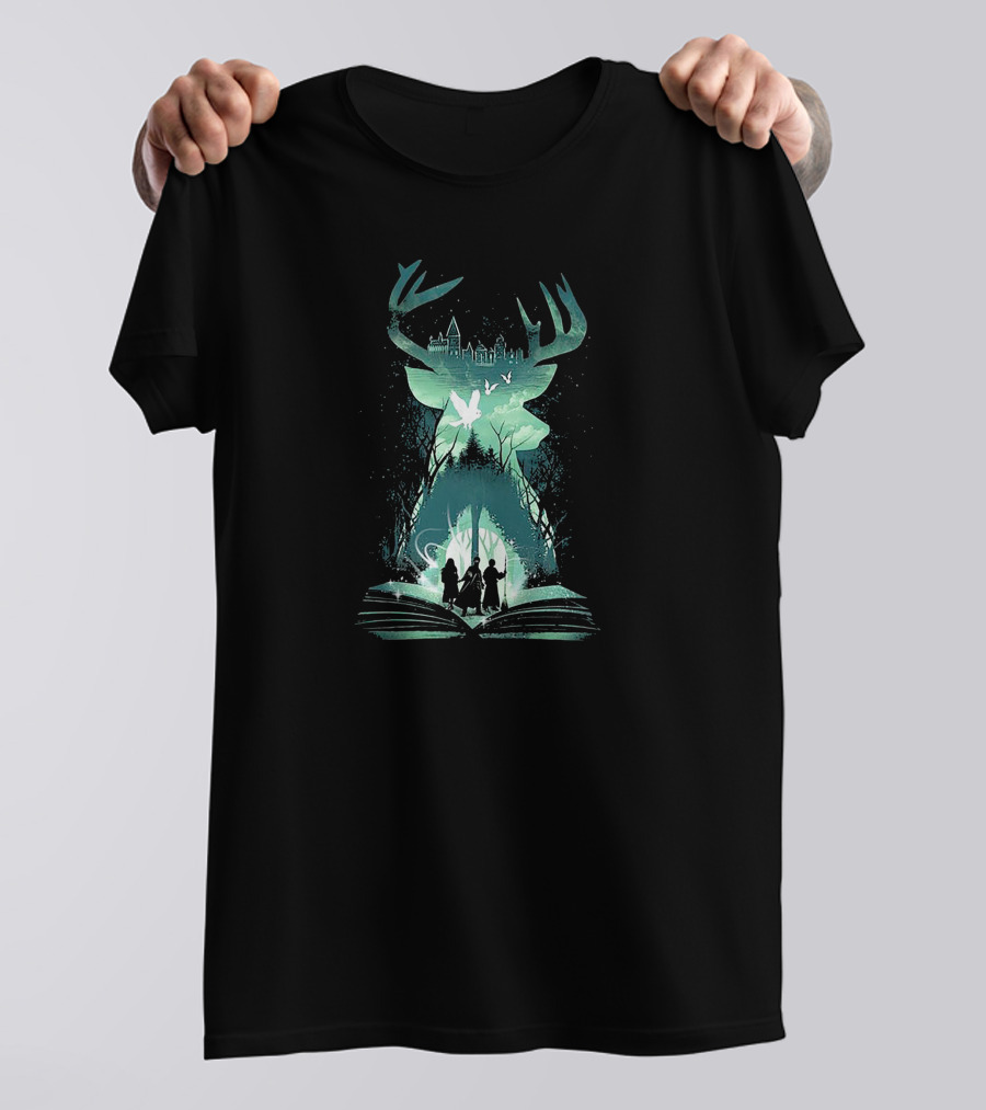 Witchcraft And Wizardry Magical Stag With Castle Silhouette And Book Portal T-Shirt