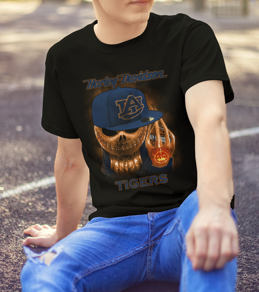 Harley Davidson Auburn Tigers Skeleton With Cap T-Shirt
