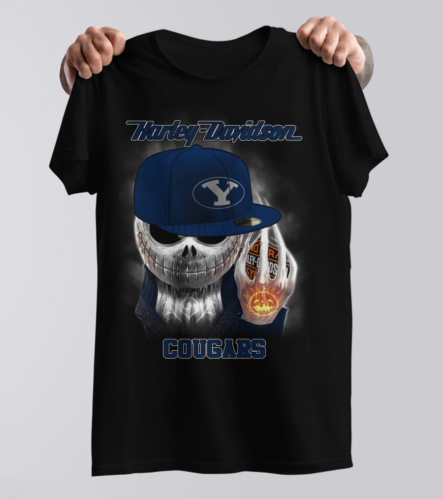 Harley Davidson Cougars Skull Wearing Byu Hat With Pumpkin And Logo Elements T-Shirt
