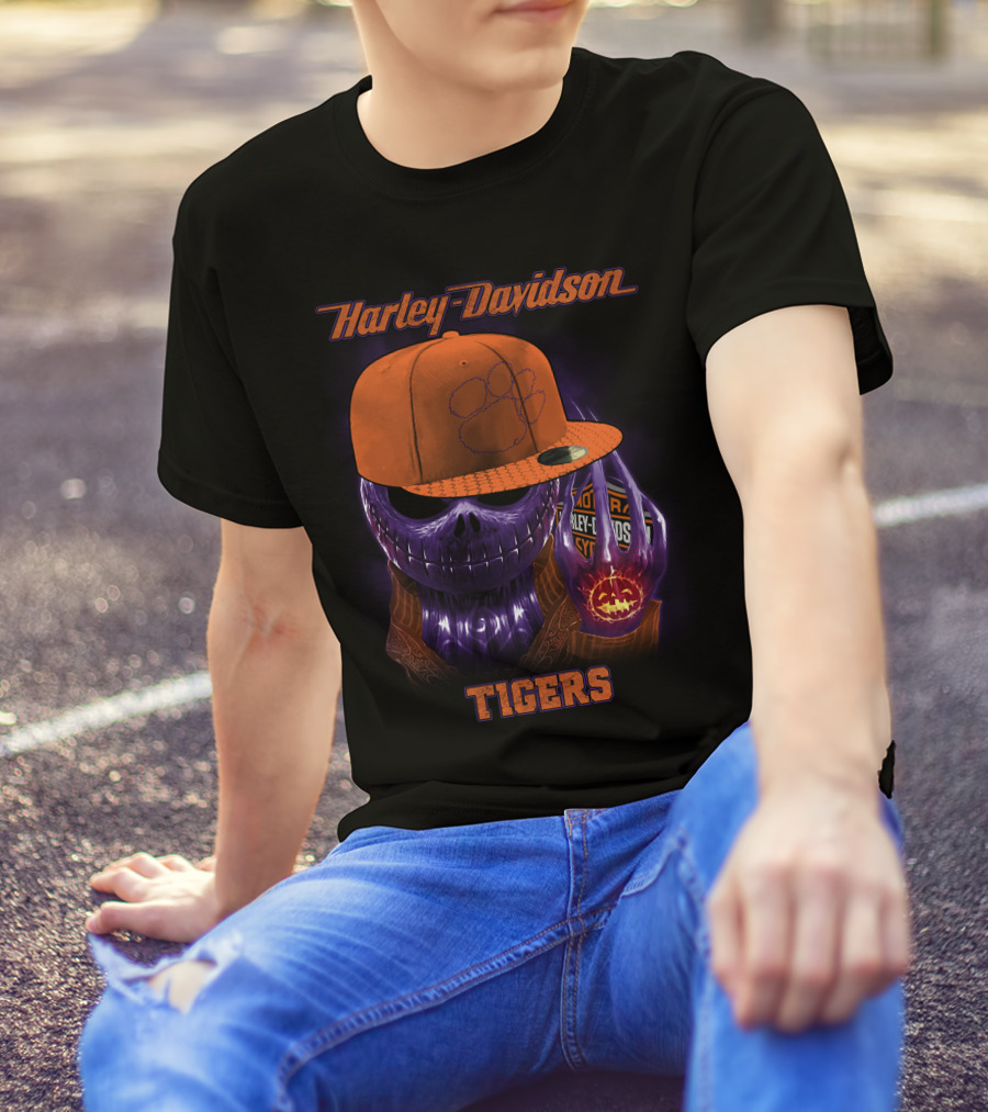 Harley Davidson Tigers Skull In Clemson Cap T-Shirt