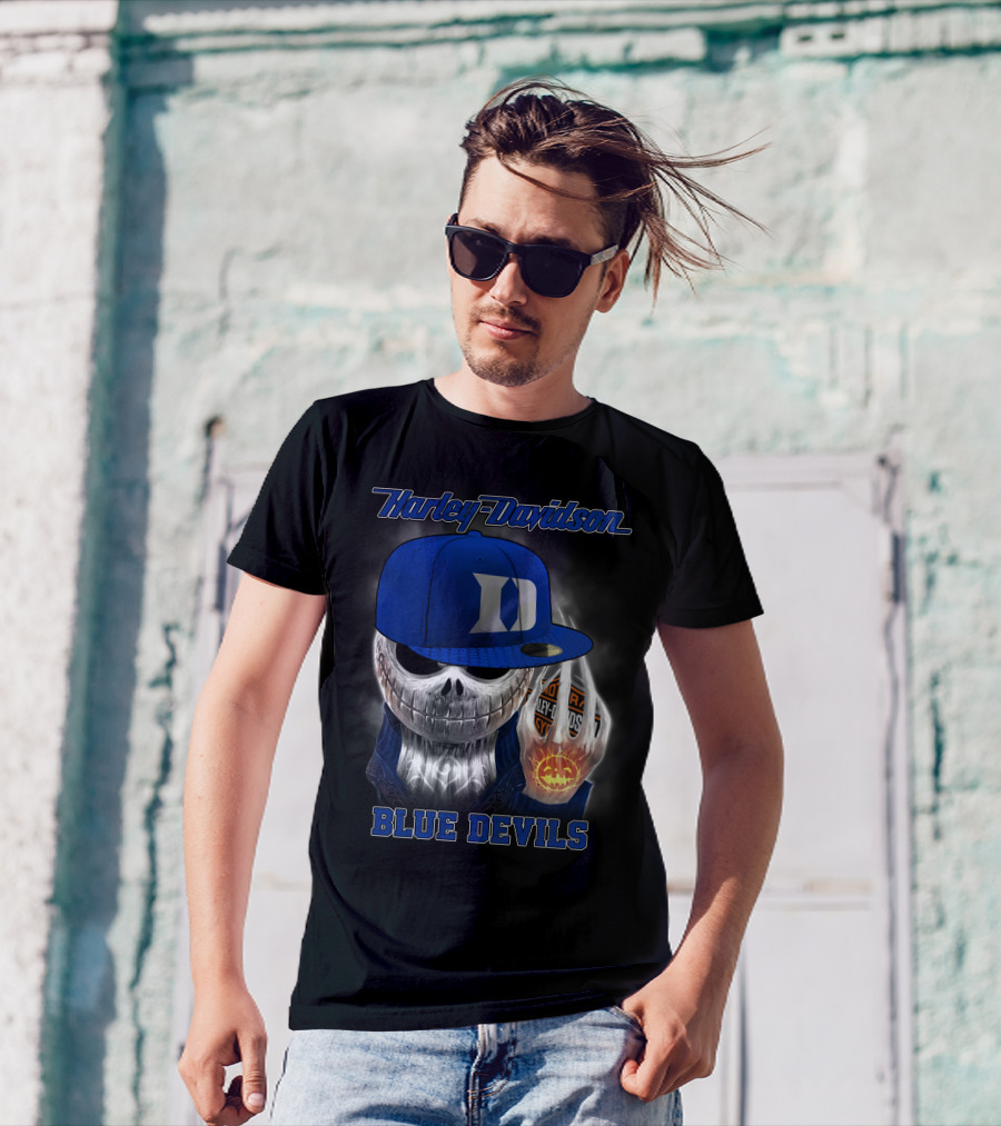 Harley Davidson Skull With Blue Devils Hat And Duke D T-Shirt