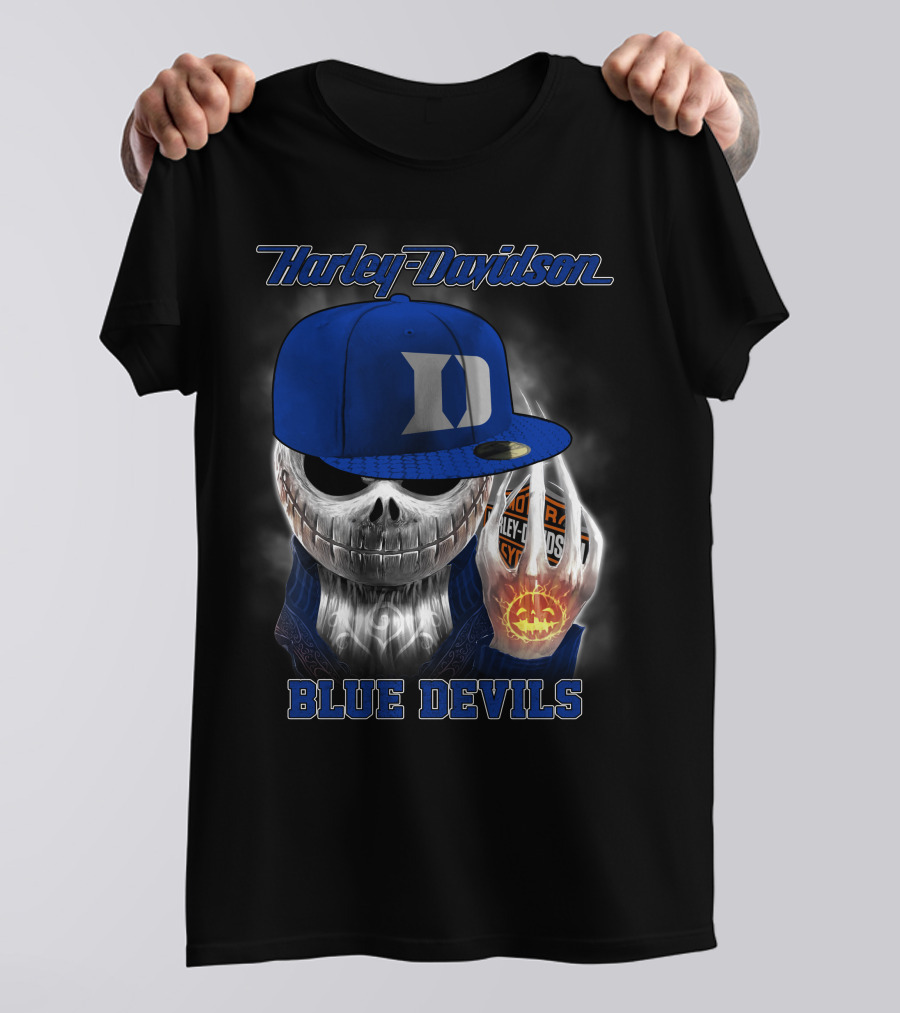 Harley Davidson Skull With Blue Devils Hat And Duke D T-Shirt