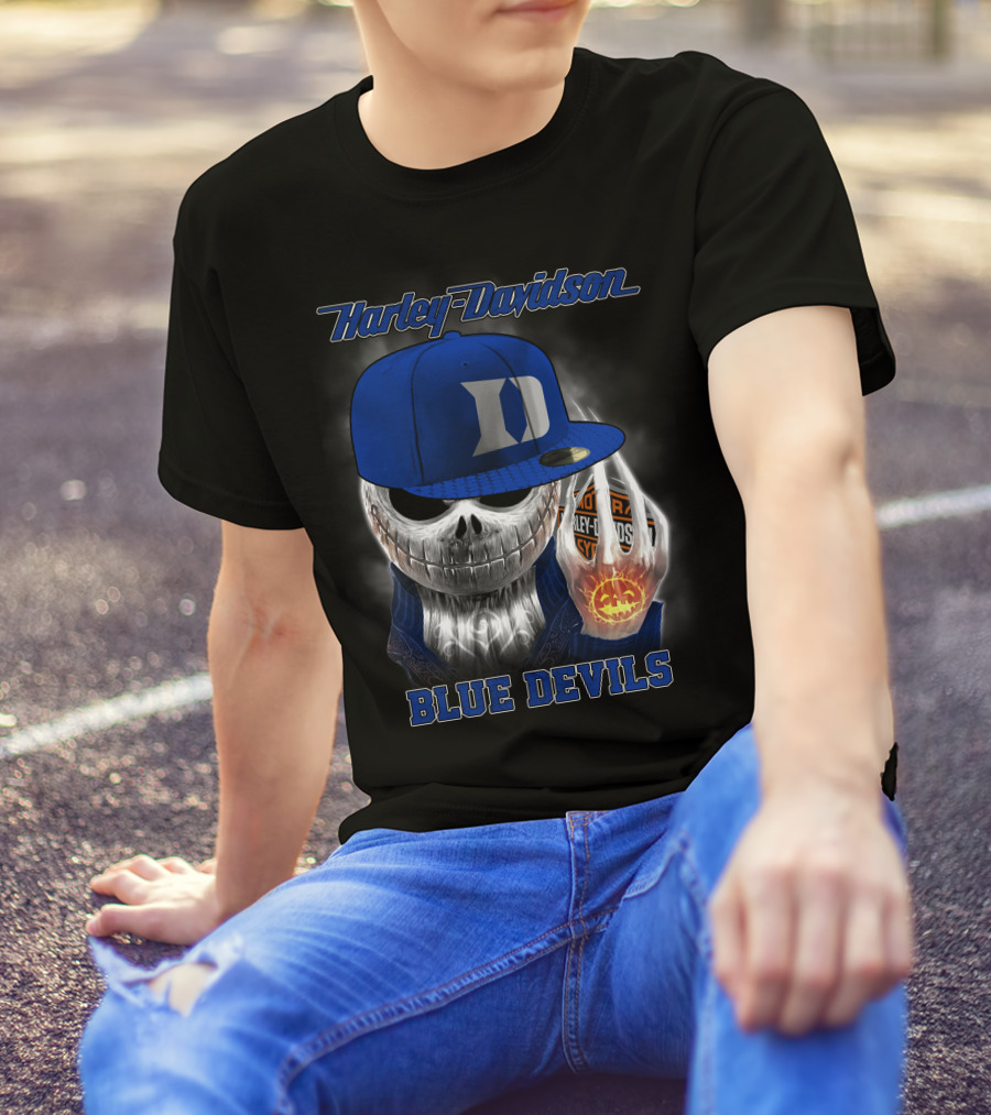 Harley Davidson Skull With Blue Devils Hat And Duke D T-Shirt