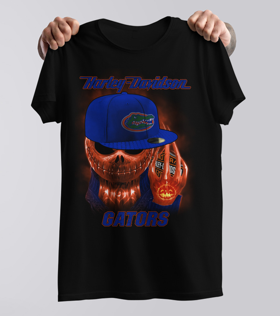 Harley Davidson Halloween Skull With Florida Gators Hat T-Shirt