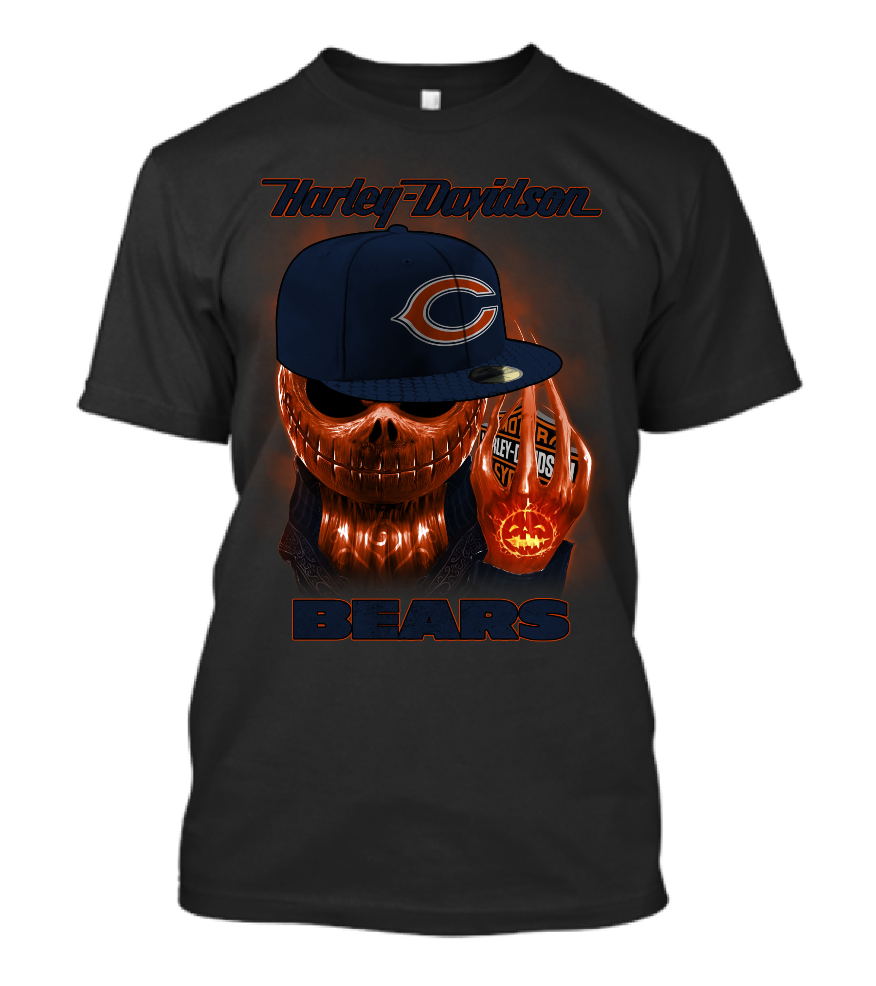 Harley Davidson Chicago Bears Halloween Pumpkin Skull T-Shirt