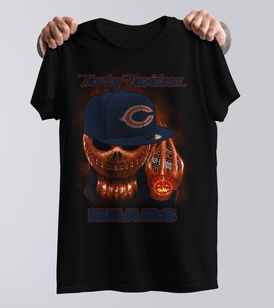 Harley Davidson Chicago Bears Halloween Pumpkin Skull T-Shirt