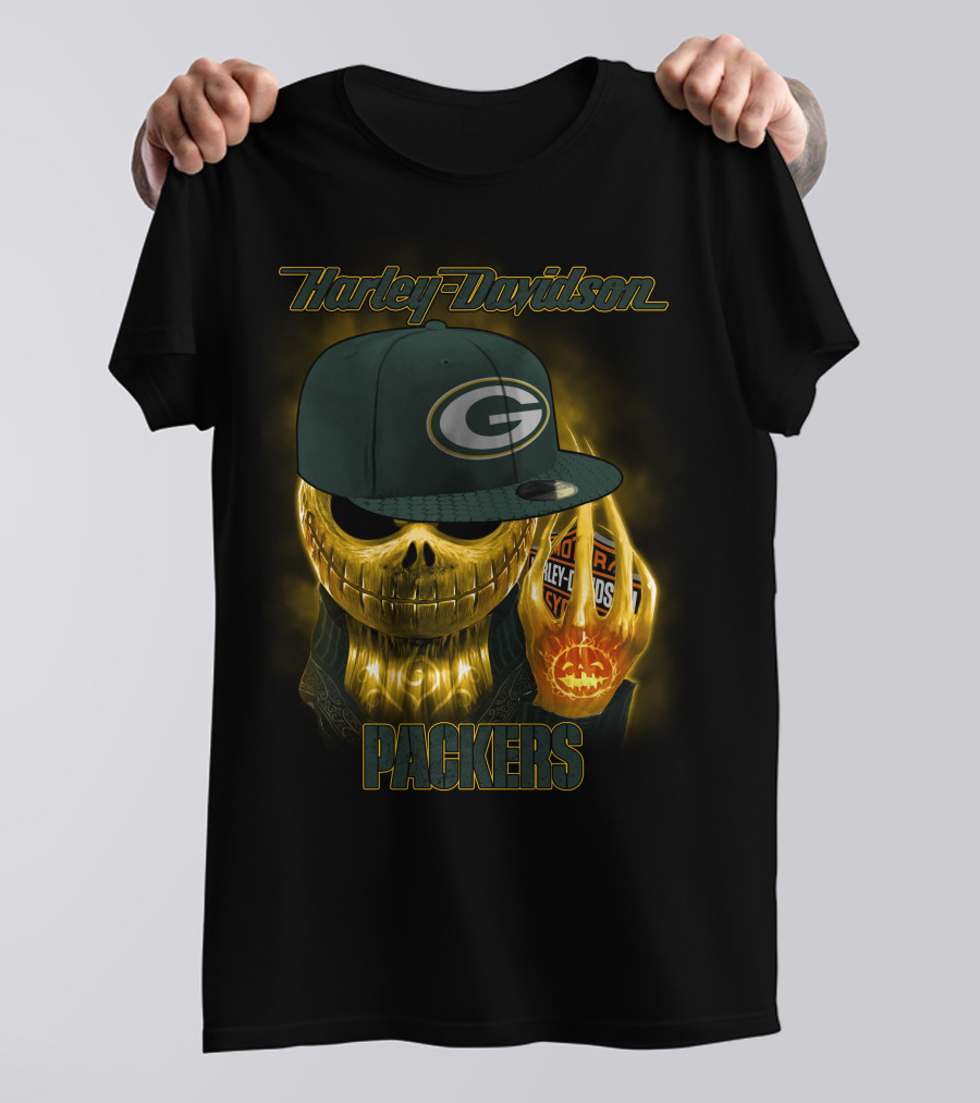 Harley Davidson Green Bay Packers Halloween Skull T-Shirt