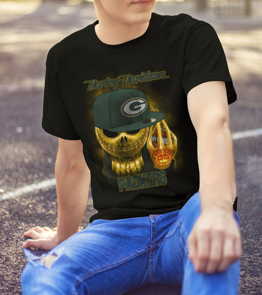 Harley Davidson Green Bay Packers Halloween Skull T-Shirt