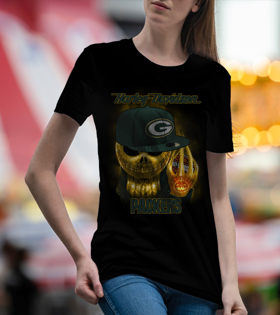 Harley Davidson Green Bay Packers Halloween Skull T-Shirt