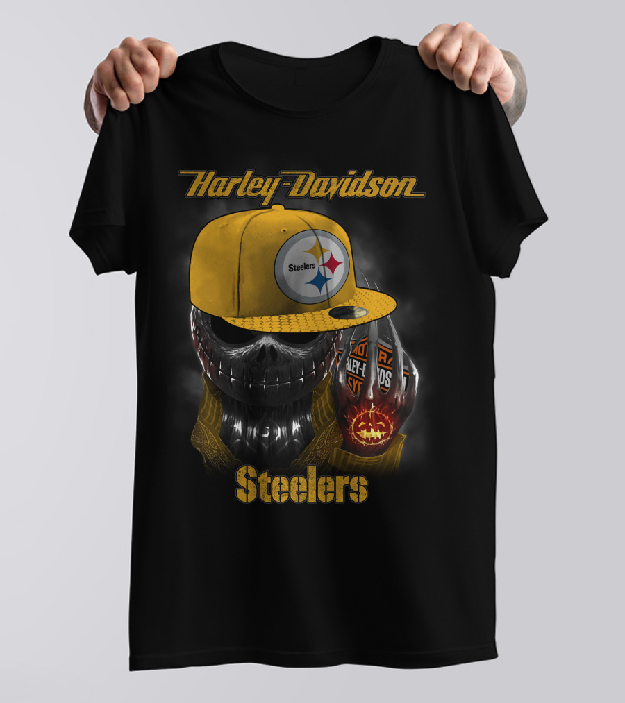 Harley Davidson Steelers Skull With Cap T-Shirt