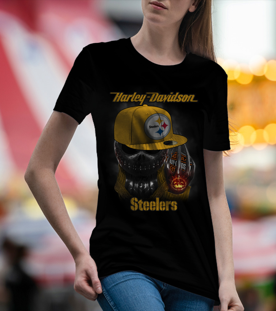 Harley Davidson Steelers Skull With Cap T-Shirt