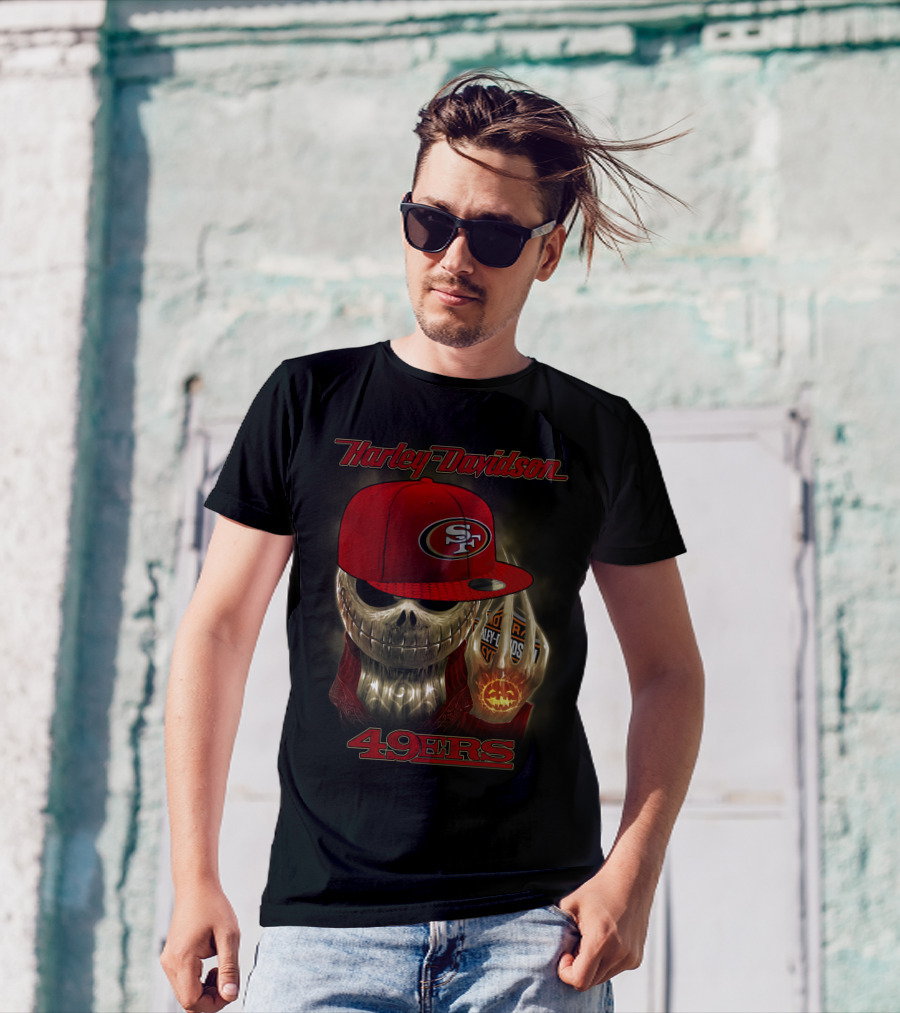 Harley Davidson Skull With San Francisco 49ers Cap T-Shirt