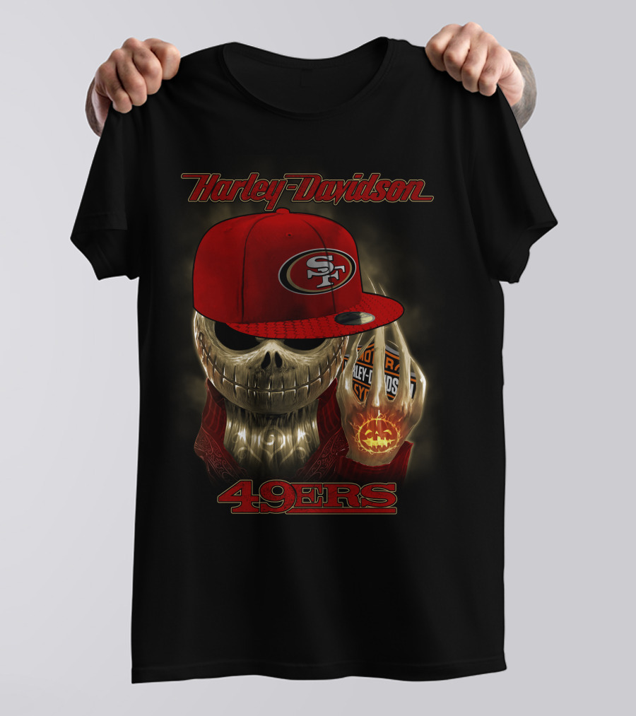 Harley Davidson Skull With San Francisco 49ers Cap T-Shirt