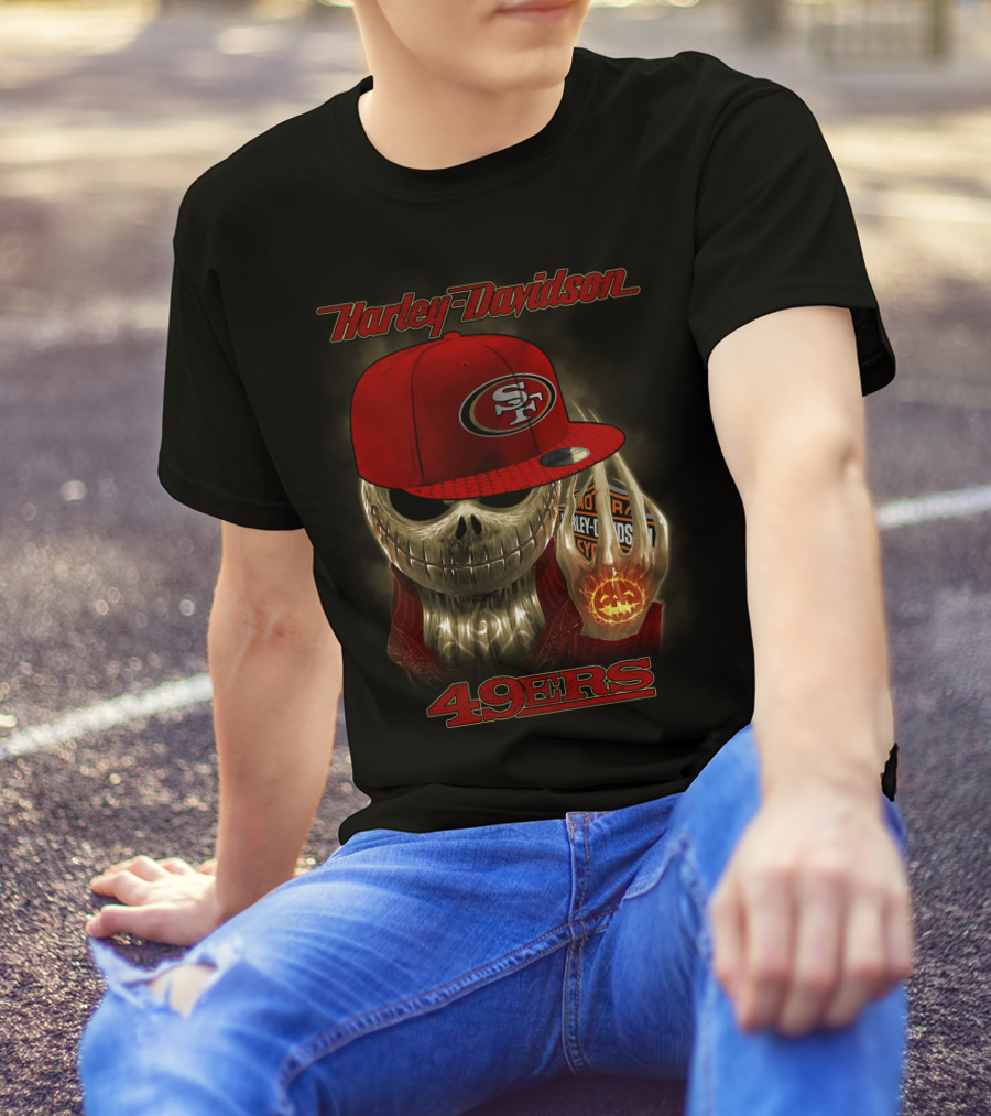 Harley Davidson Skull With San Francisco 49ers Cap T-Shirt