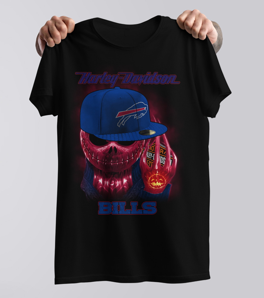 Harley Davidson Buffalo Bills Skeleton With Cap Halloween T-Shirt
