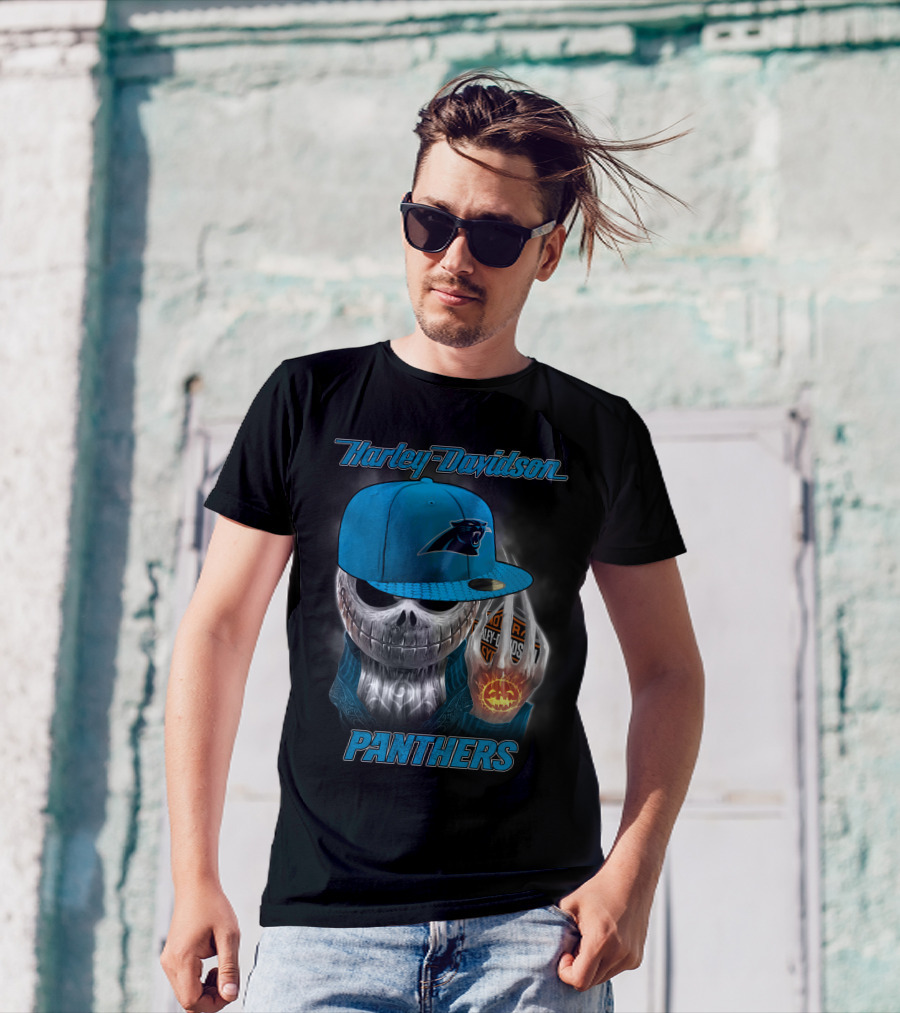 Harley Davidson Carolina Panthers Halloween Skeleton T-Shirt