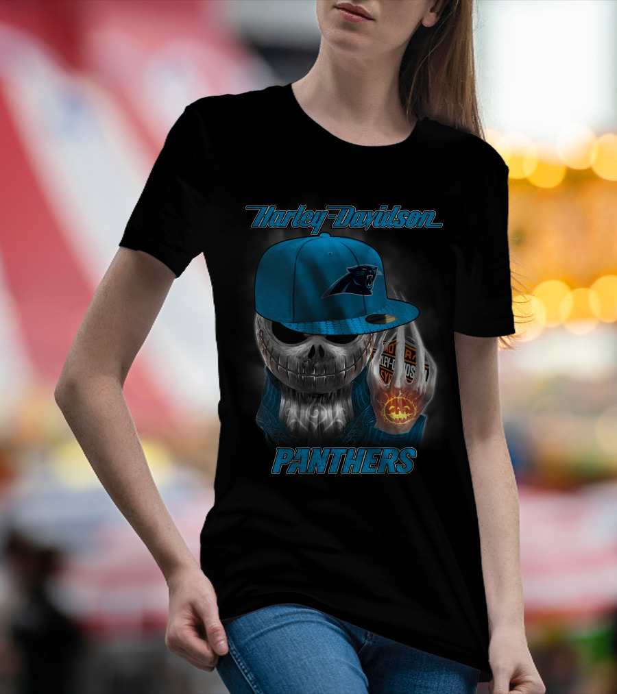 Harley Davidson Carolina Panthers Halloween Skeleton T-Shirt