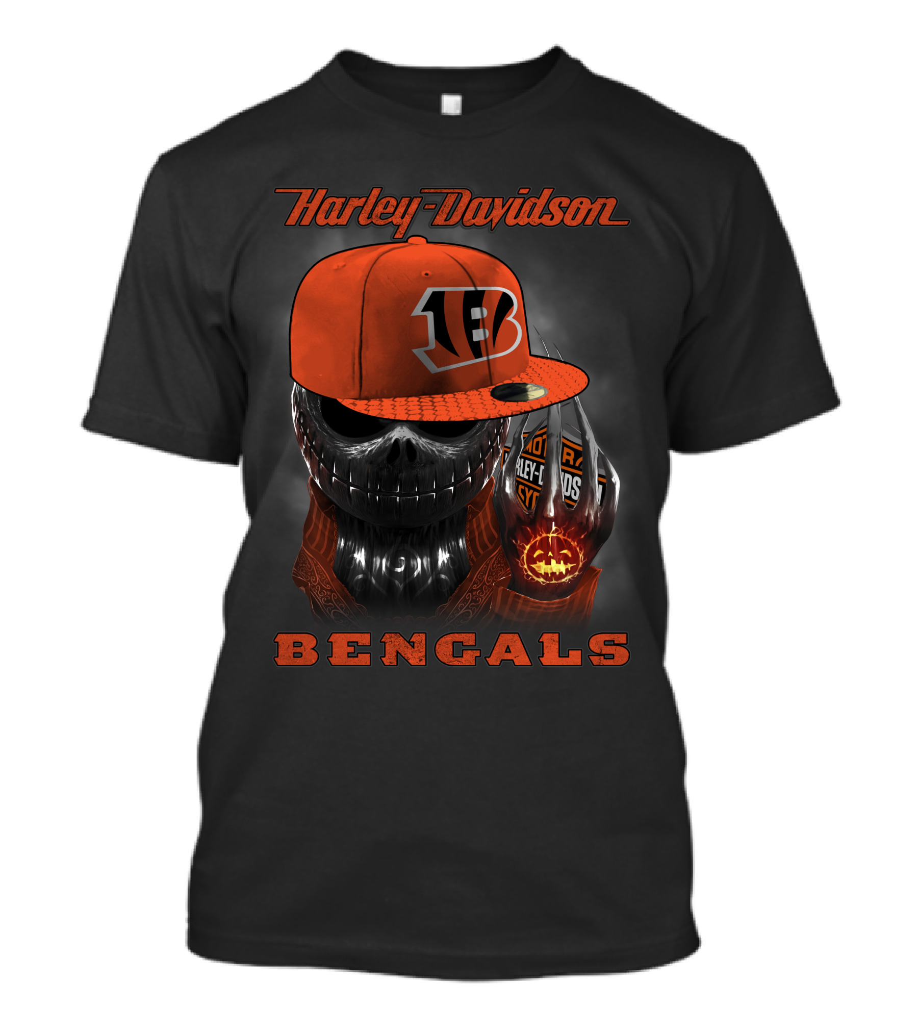 Harley Davidson Cincinnati Bengals Skull With Cap And Glove T-Shirt