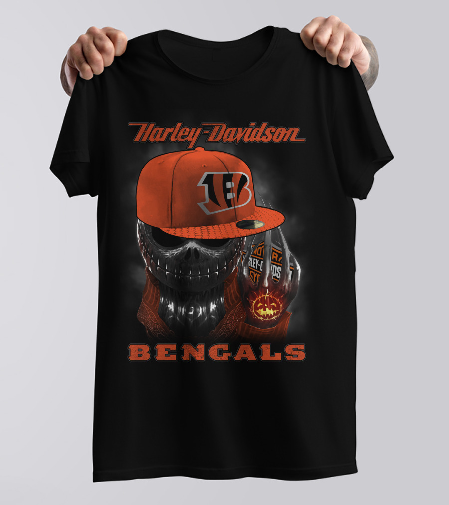 Harley Davidson Cincinnati Bengals Skull With Cap And Glove T-Shirt