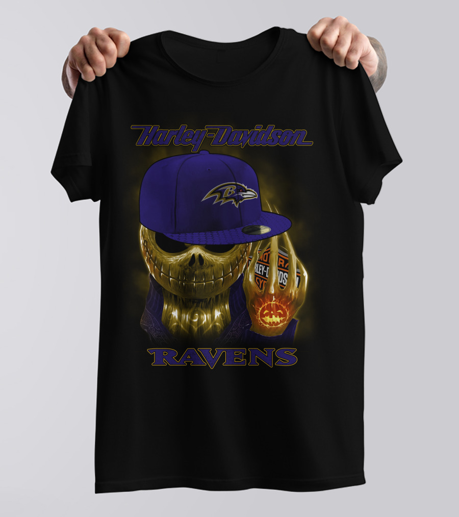 Harley Davidson Ravens Baltimore Skull With Cap T-Shirt
