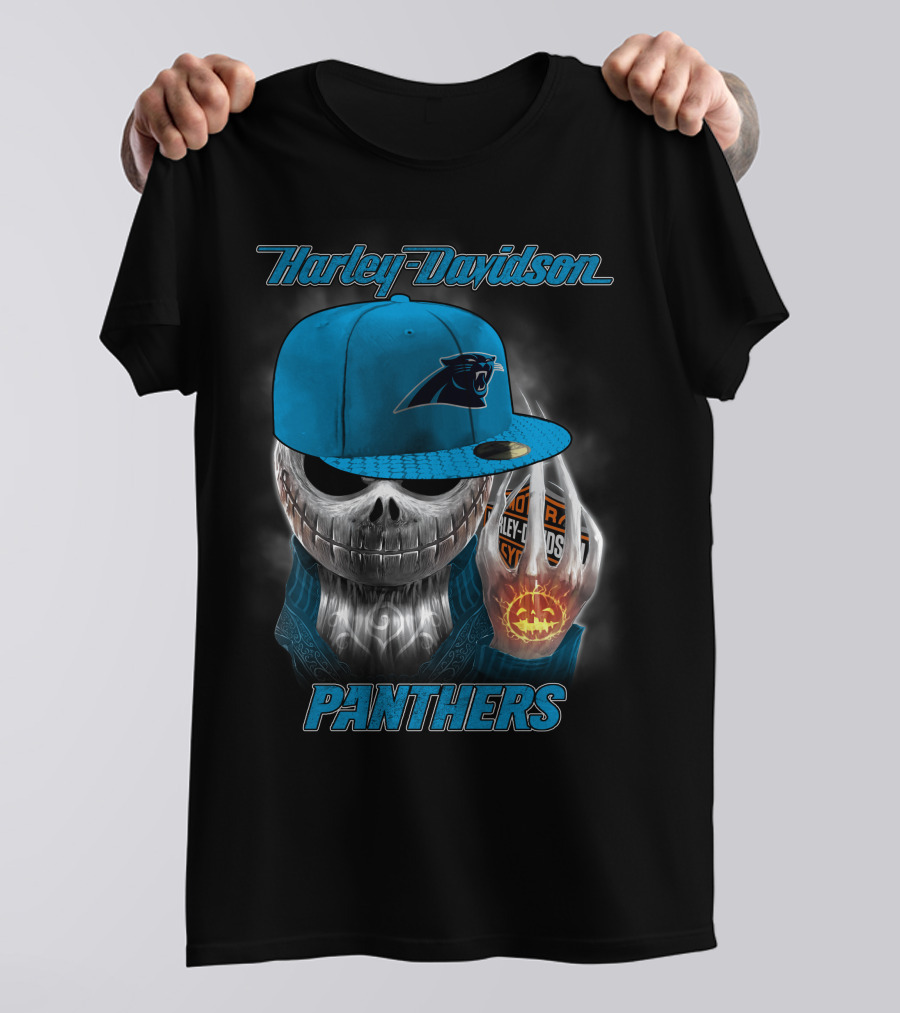 Harley Davidson Panthers Skull In Carolina Panthers Cap With Fiery Pumpkin And Harley Hand T-Shirt