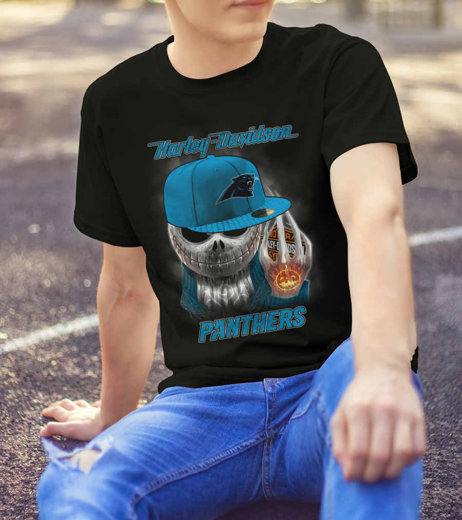 Harley Davidson Panthers Skull In Carolina Panthers Cap With Fiery Pumpkin And Harley Hand T-Shirt