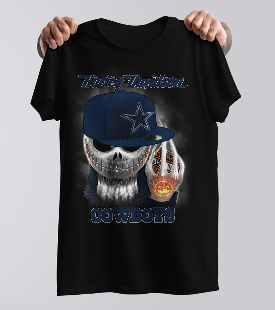 Harley Davidson Cowboys Skull With Dallas Cowboys Cap T-Shirt