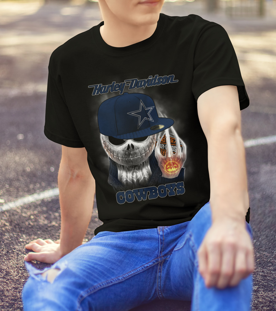 Harley Davidson Cowboys Skull With Dallas Cowboys Cap T-Shirt
