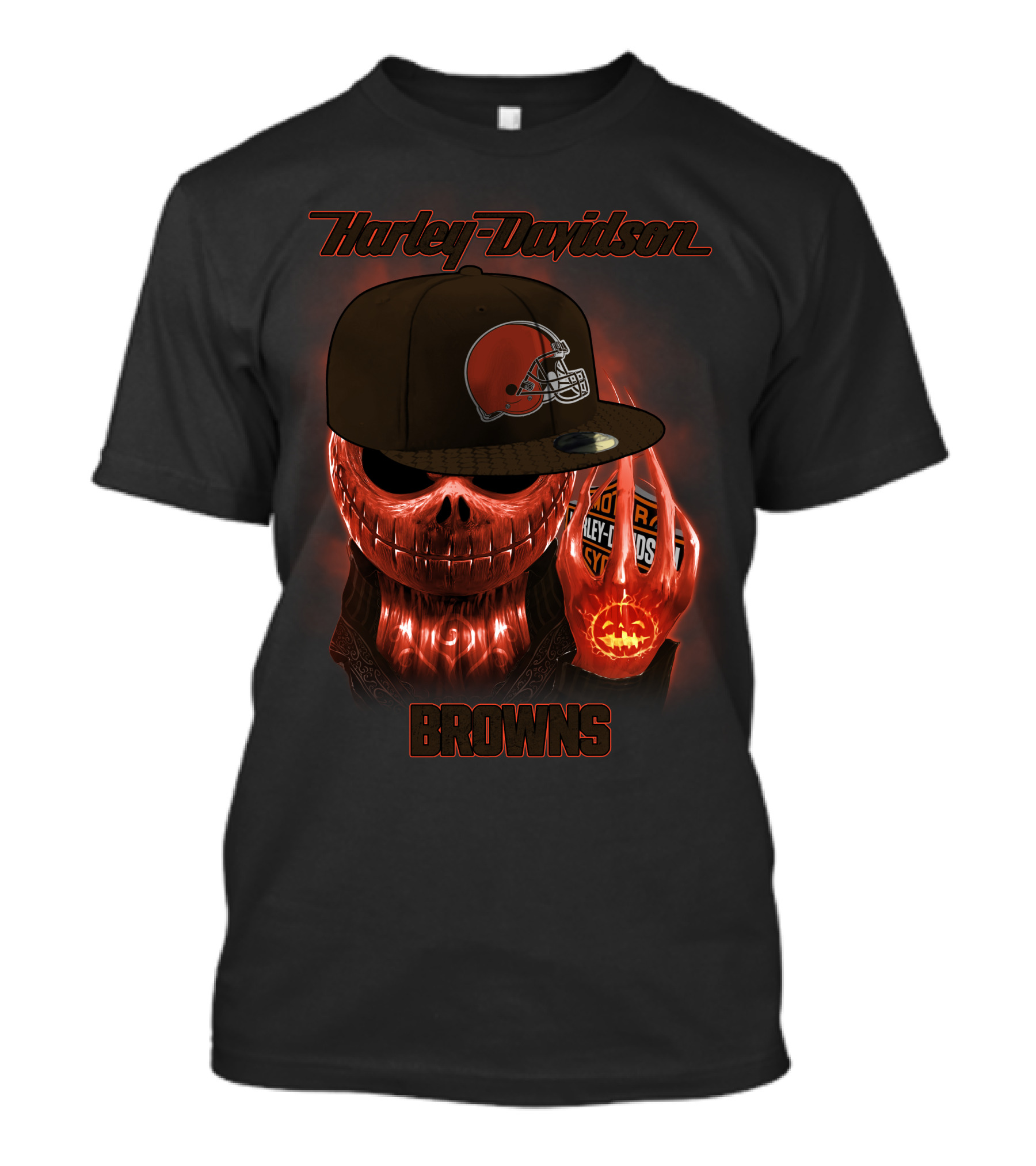 Harley Davidson Cleveland Browns Skeleton With Helmet Cap T-Shirt