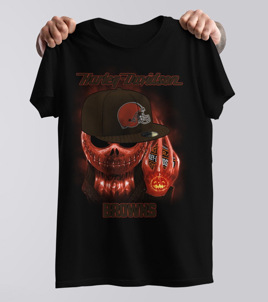 Harley Davidson Cleveland Browns Skeleton With Helmet Cap T-Shirt
